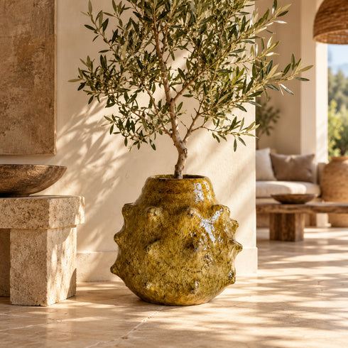 Moroccan Tamegroute Vase, Handmade Yellow Ceramic Spiked Vase, Sculptural Pottery, Rustic Boho Home Decor