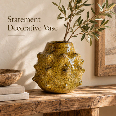 Moroccan Tamegroute Vase, Handmade Yellow Ceramic Spiked Vase, Sculptural Pottery, Rustic Boho Home Decor