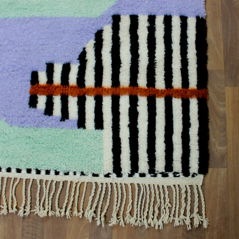Moroccan Wool Rug, Abstract Geometric Berber Rug, Blue Lilac Black White Handmade Area Carpet