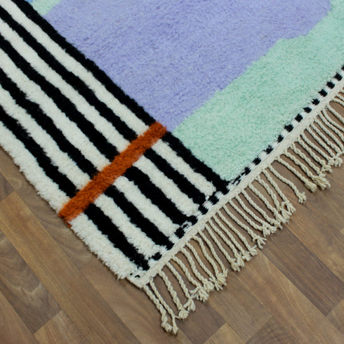 Moroccan Wool Rug, Abstract Geometric Berber Rug, Blue Lilac Black White Handmade Area Carpet