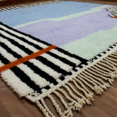 Moroccan Wool Rug, Abstract Geometric Berber Rug, Blue Lilac Black White Handmade Area Carpet