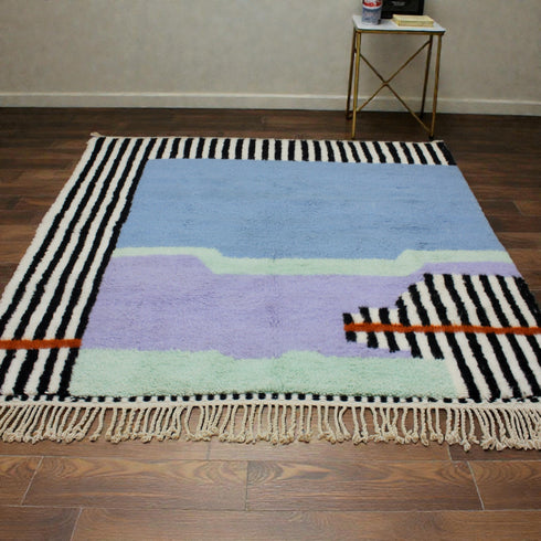 Moroccan Wool Rug, Abstract Geometric Berber Rug, Blue Lilac Black White Handmade Area Carpet
