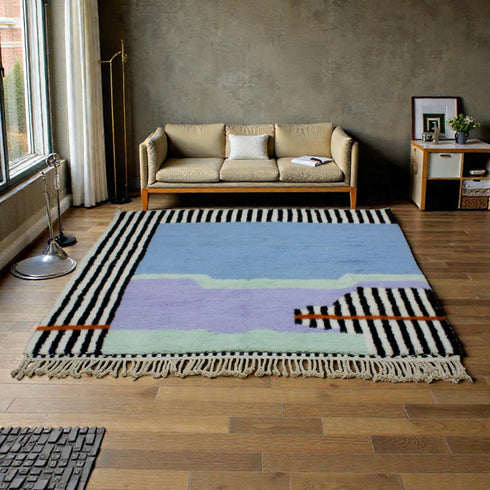 Moroccan Wool Rug, Abstract Geometric Berber Rug, Blue Lilac Black White Handmade Area Carpet