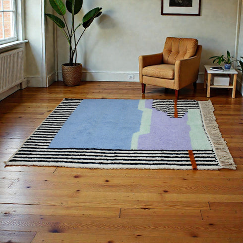 Moroccan Wool Rug, Abstract Geometric Berber Rug, Blue Lilac Black White Handmade Area Carpet