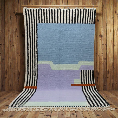 Moroccan Wool Rug, Abstract Geometric Berber Rug, Blue Lilac Black White Handmade Area Carpet