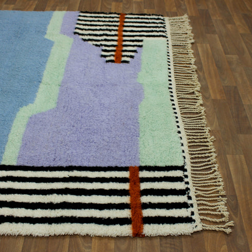 Moroccan Wool Rug, Abstract Geometric Berber Rug, Blue Lilac Black White Handmade Area Carpet