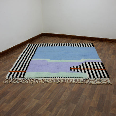 Moroccan Wool Rug, Abstract Geometric Berber Rug, Blue Lilac Black White Handmade Area Carpet