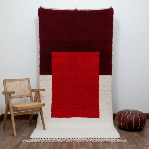 Moroccan Wool Rug, Red Geometric Berber Rug, Handmade White Area Carpet, Modern Plush Moroccan Rug