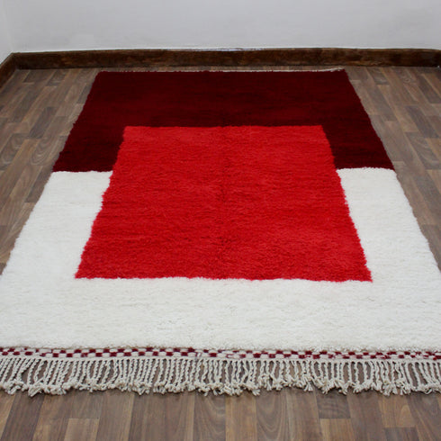 Moroccan Wool Rug, Red Geometric Berber Rug, Handmade White Area Carpet, Modern Plush Moroccan Rug
