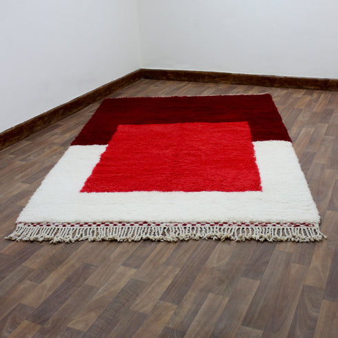 Moroccan Wool Rug, Red Geometric Berber Rug, Handmade White Area Carpet, Modern Plush Moroccan Rug