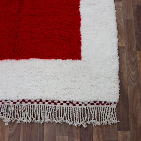 Moroccan Wool Rug, Red Geometric Berber Rug, Handmade White Area Carpet, Modern Plush Moroccan Rug