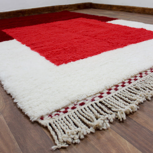 Moroccan Wool Rug, Red Geometric Berber Rug, Handmade White Area Carpet, Modern Plush Moroccan Rug