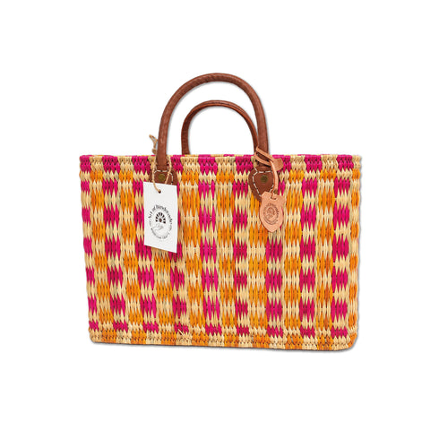 Moroccan Handwoven Straw Tote Bag with Leather Handles – Pink & Orange