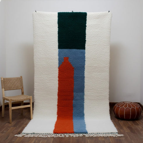 Moroccan Wool Rug, Abstract Geometric Berber Rug, Orange Blue Green Handmade Area Carpet, Modern Art Rug
