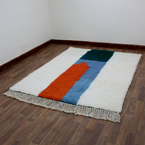 Moroccan Wool Rug, Abstract Geometric Berber Rug, Orange Blue Green Handmade Area Carpet, Modern Art Rug