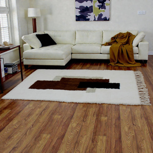 Moroccan Wool Rug, Abstract Geometric Rug, White Brown Black Berber Carpet, Handmade Modern Area Rug