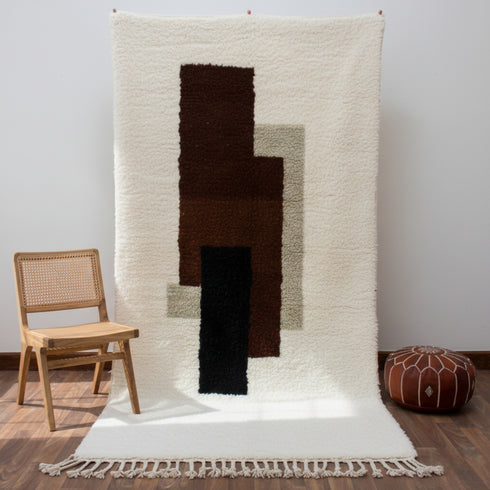 Moroccan Wool Rug, Abstract Geometric Rug, White Brown Black Berber Carpet, Handmade Modern Area Rug