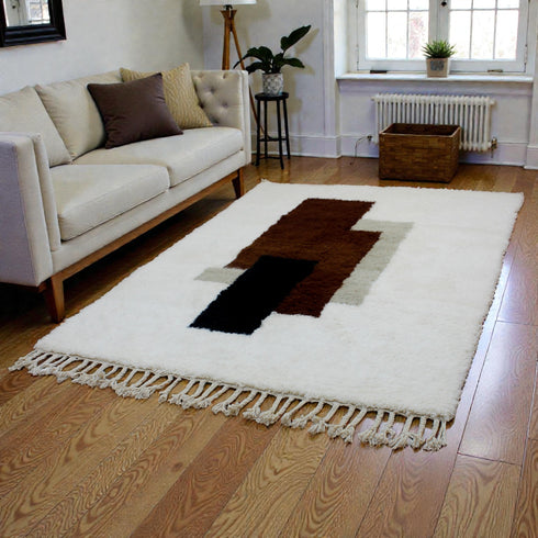 Moroccan Wool Rug, Abstract Geometric Rug, White Brown Black Berber Carpet, Handmade Modern Area Rug