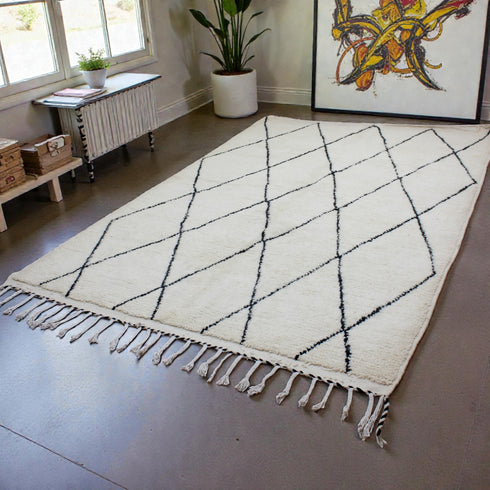 Moroccan Wool Rug, Black White Diamond Berber Rug, Handmade Beni Ourain Area Carpet, Boho Wool Rug
