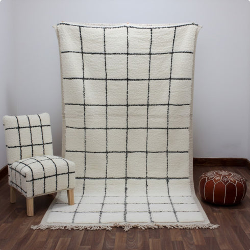 Moroccan Wool Rug, Black White Grid Berber Rug, Handmade Checkered Area Carpet, Minimalist Beni Ourain Rug