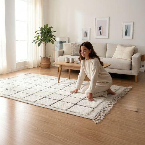 Moroccan Wool Rug, Black White Grid Berber Rug, Handmade Checkered Area Carpet, Minimalist Beni Ourain Rug