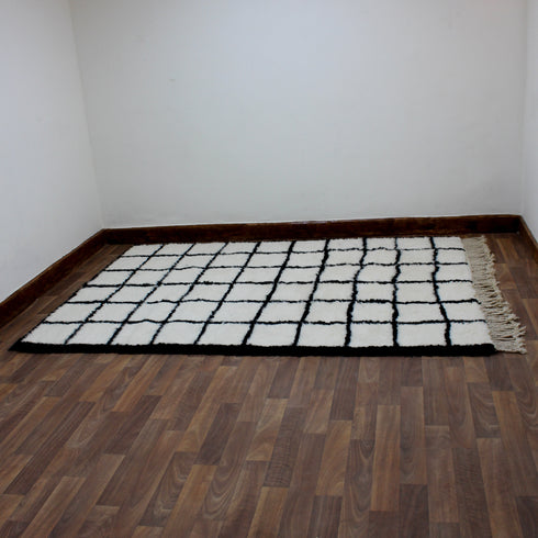 Moroccan Wool Rug, Black White Grid Berber Rug, Handmade Checkered Area Carpet, Minimalist Wool Rug