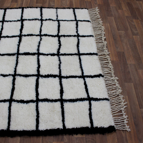 Moroccan Wool Rug, Black White Grid Berber Rug, Handmade Checkered Area Carpet, Minimalist Wool Rug
