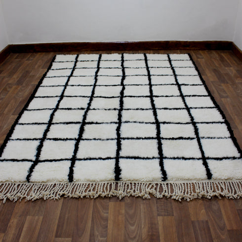 Moroccan Wool Rug, Black White Grid Berber Rug, Handmade Checkered Area Carpet, Minimalist Wool Rug
