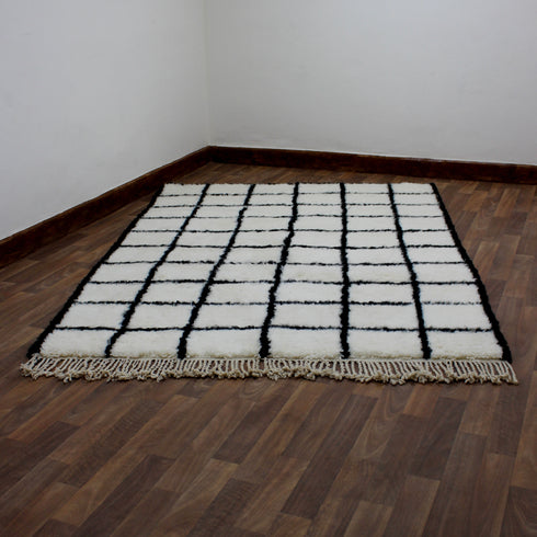 Moroccan Wool Rug, Black White Grid Berber Rug, Handmade Checkered Area Carpet, Minimalist Wool Rug