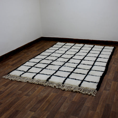 Moroccan Wool Rug, Black White Grid Berber Rug, Handmade Checkered Area Carpet, Minimalist Wool Rug