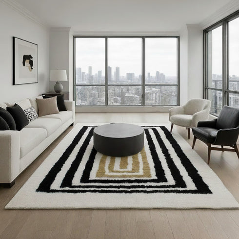 Moroccan Wool Rug, Geometric Berber Rug, Black Beige White Handmade Area Carpet, Modern Plush Rug