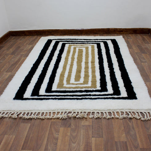 Moroccan Wool Rug, Geometric Berber Rug, Black Beige White Handmade Area Carpet, Modern Plush Rug