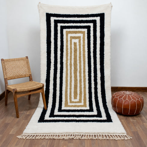 Moroccan Wool Rug, Geometric Berber Rug, Black Beige White Handmade Area Carpet, Modern Plush Rug