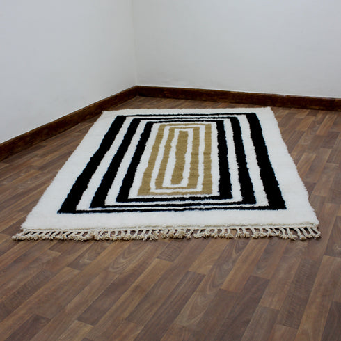 Moroccan Wool Rug, Geometric Berber Rug, Black Beige White Handmade Area Carpet, Modern Plush Rug