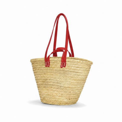 Moroccan straw basket with flat leather handles