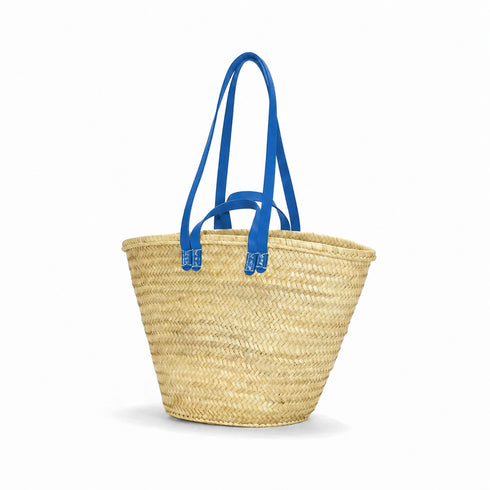 Moroccan straw basket with flat leather handles