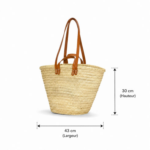 Moroccan straw basket with flat leather handles