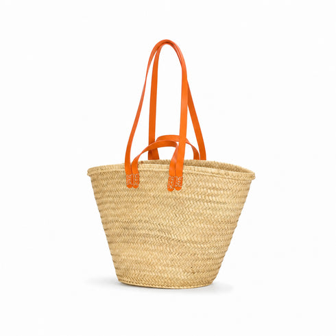 Moroccan straw basket with flat leather handles