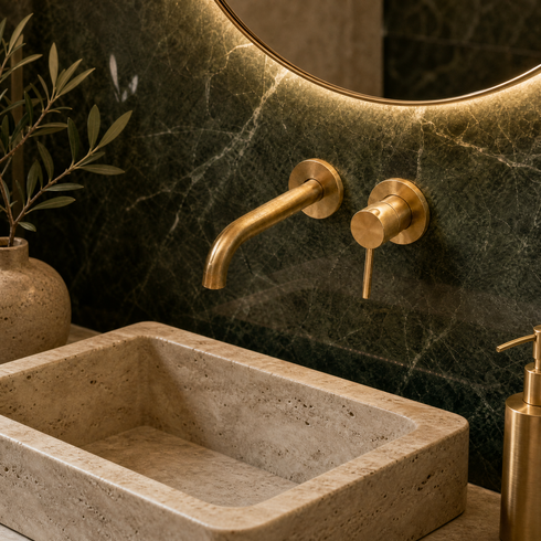 Oslo Cylindrical Wall-Mount Bathroom Faucet with Single Lever – Unlacquered Brass