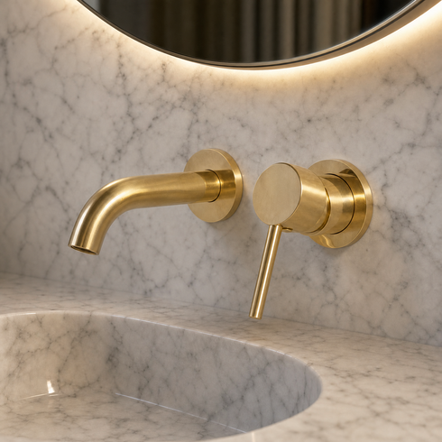 Oslo Cylindrical Wall-Mount Bathroom Faucet with Single Lever – Unlacquered Brass