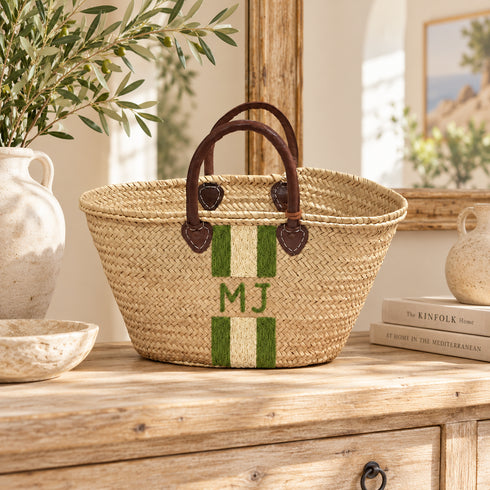Personalized Straw Basket Bag, Custom Monogram Beach Tote, Handmade Moroccan Woven Market Bag, Embroidered Basket