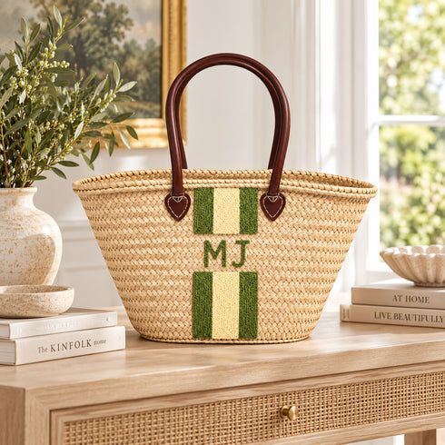 Personalized Straw Basket Bag, Monogram Beach Tote, Handmade Moroccan Raffia Bag, Custom Initials Summer Bag