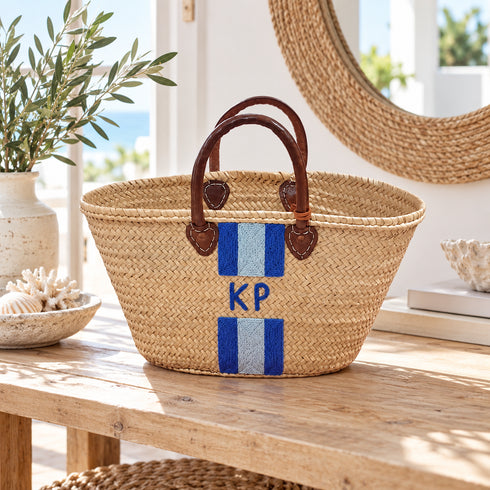 Personalized Straw Basket Bag, Custom Monogram Beach Tote, Handmade Moroccan Woven Market Bag, Embroidered Basket