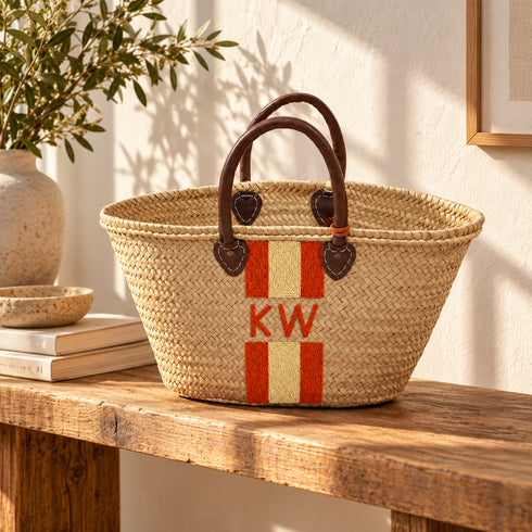 Personalized Straw Basket Bag, Custom Monogram Beach Tote, Handmade Moroccan Woven Market Bag, Embroidered Basket