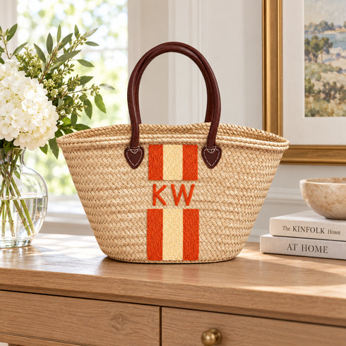 Personalized Straw Basket Bag, Monogram Beach Tote, Handmade Moroccan Raffia Bag, Custom Initials Summer Bag