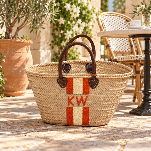 Personalized Straw Basket Bag, Custom Monogram Beach Tote, Handmade Moroccan Woven Market Bag, Embroidered Basket