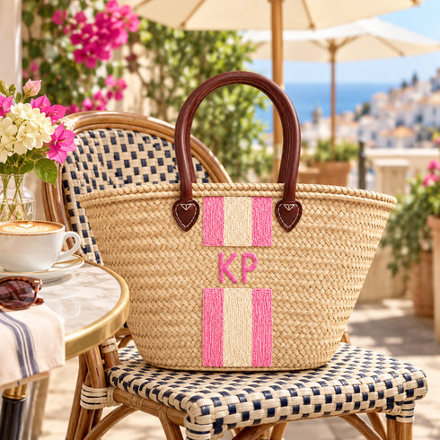 Personalized Straw Basket Bag, Monogram Beach Tote, Handmade Moroccan Raffia Bag, Custom Initials Summer Bag