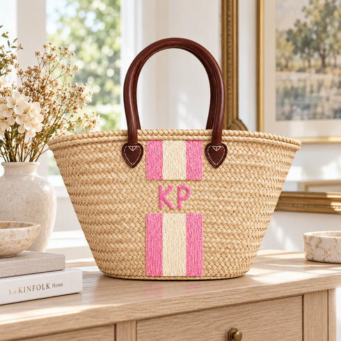 Personalized Straw Basket Bag, Monogram Beach Tote, Handmade Moroccan Raffia Bag, Custom Initials Summer Bag