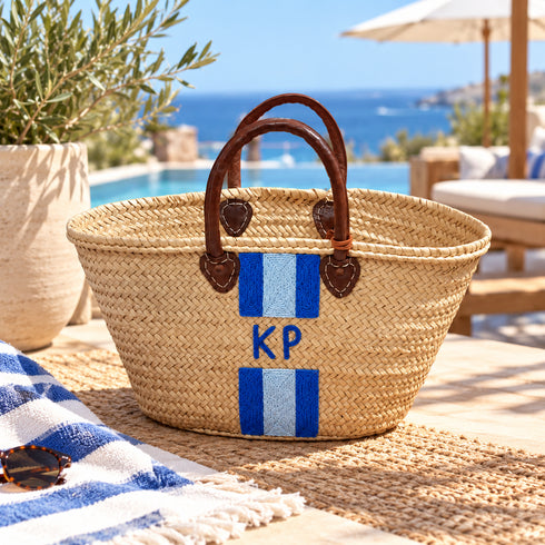 Personalized Straw Basket Bag, Custom Monogram Beach Tote, Handmade Moroccan Woven Market Bag, Embroidered Basket