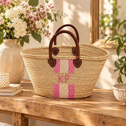 Personalized Straw Basket Bag, Custom Monogram Beach Tote, Handmade Moroccan Woven Market Bag, Embroidered Basket